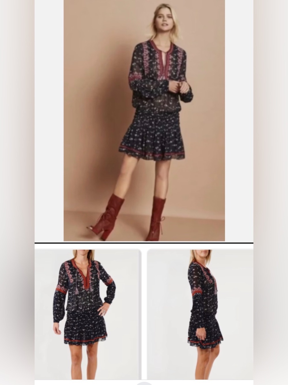 Ulla Johnson ‘Gita silk Mini Dress” Navy Sheer Boho Dress with Red Embroidery
